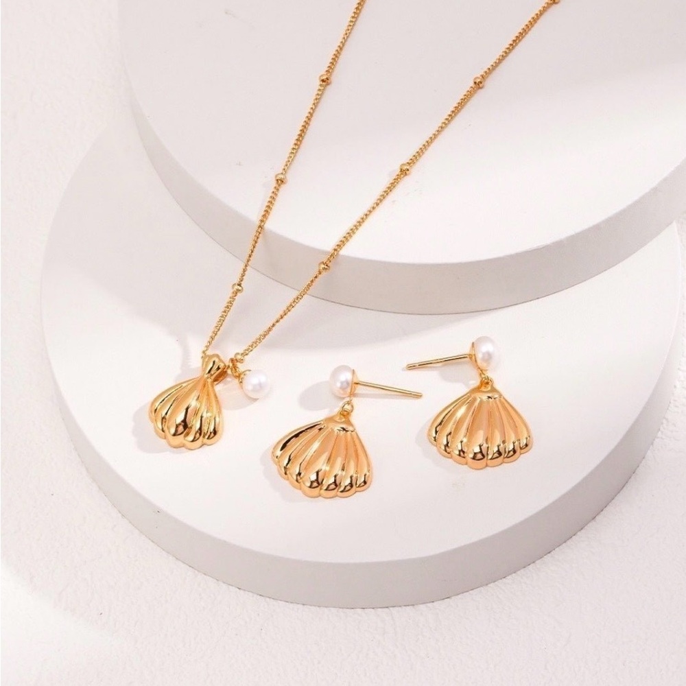 NEW Seashell Sterling Silver Necklace Earrings Jewelry Set Real 18k Gold Plated